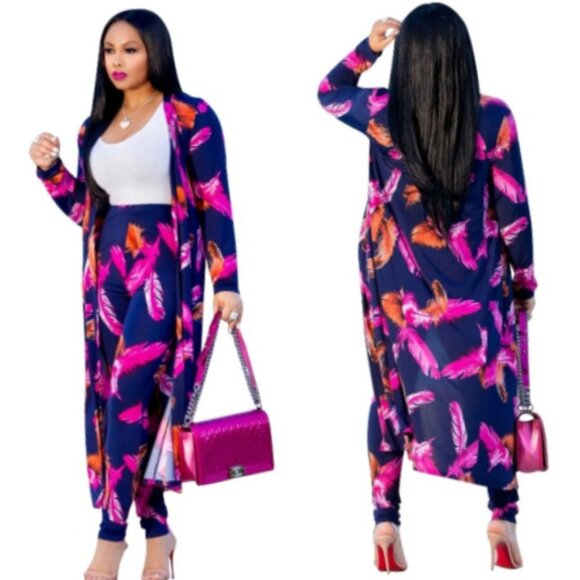 Hali Navy Orange Pink Florals Open Front Cardigan Leggings 2 Piece Suit - Picture 3 of 3